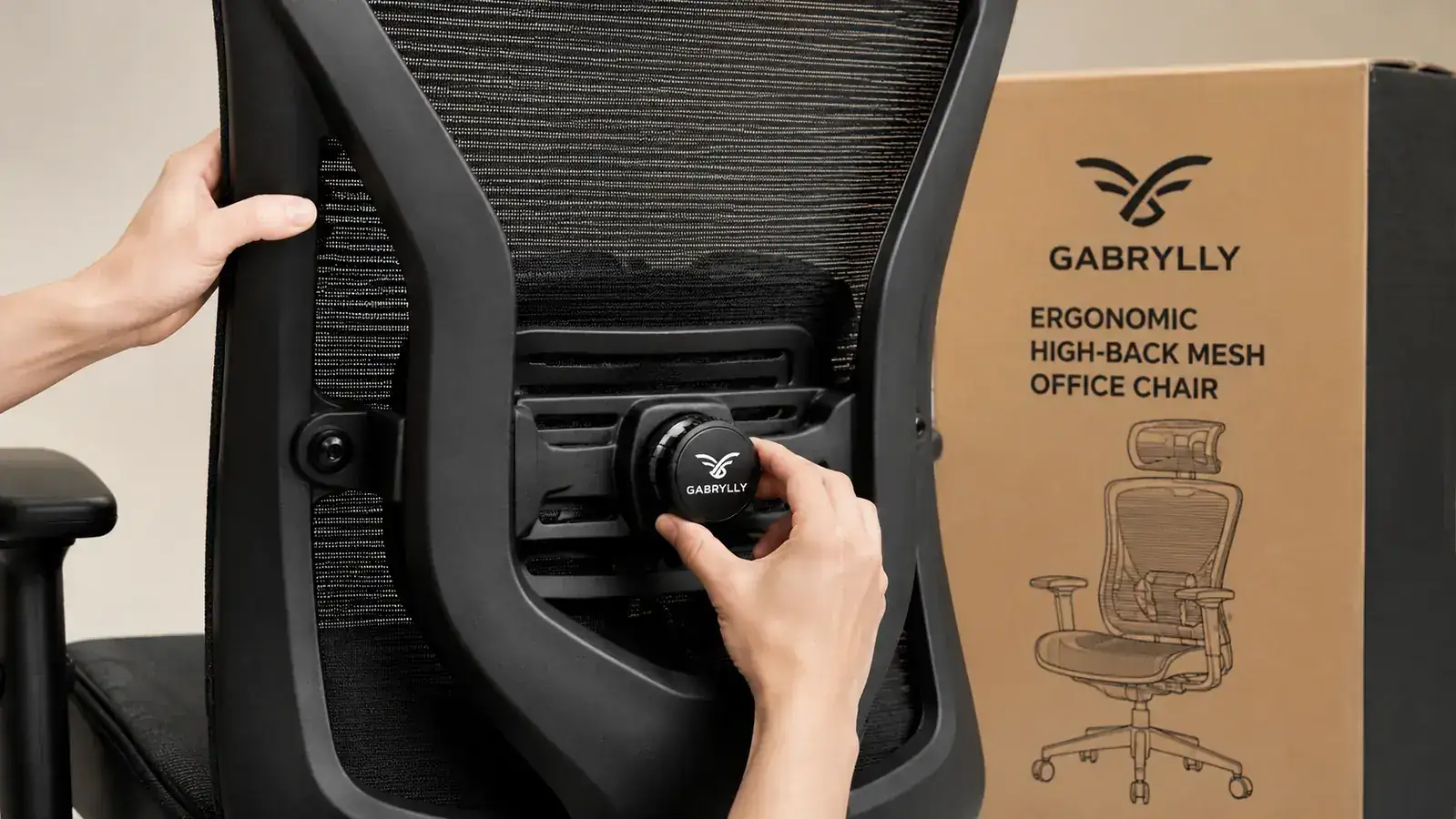 Close-up of adjustable lumbar support dial being set on the GABRYLLY ergonomic chair