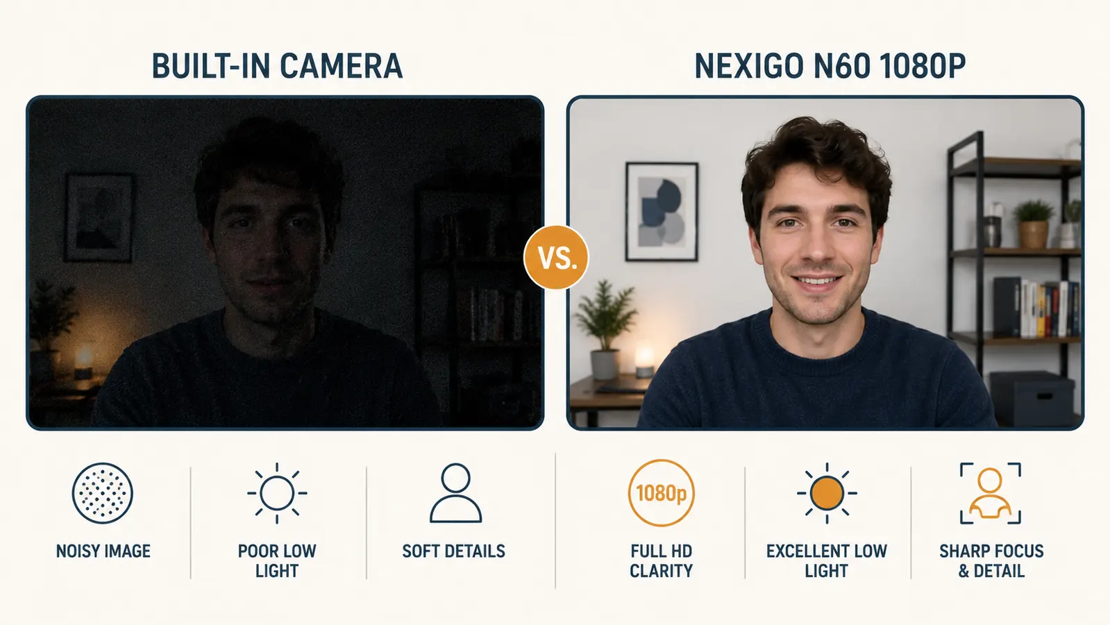 Split-screen comparison showing grainy laptop camera output on the left versus sharp 1080p webcam output on the right