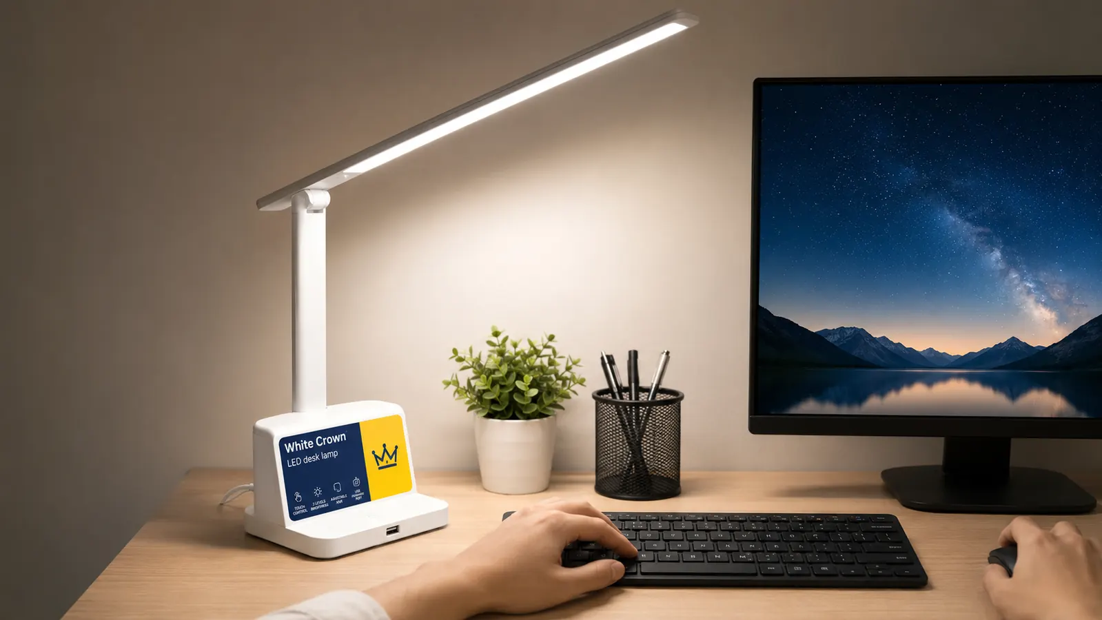White Crown LED desk lamp glowing at medium brightness on a home office desk beside a monitor and keyboard