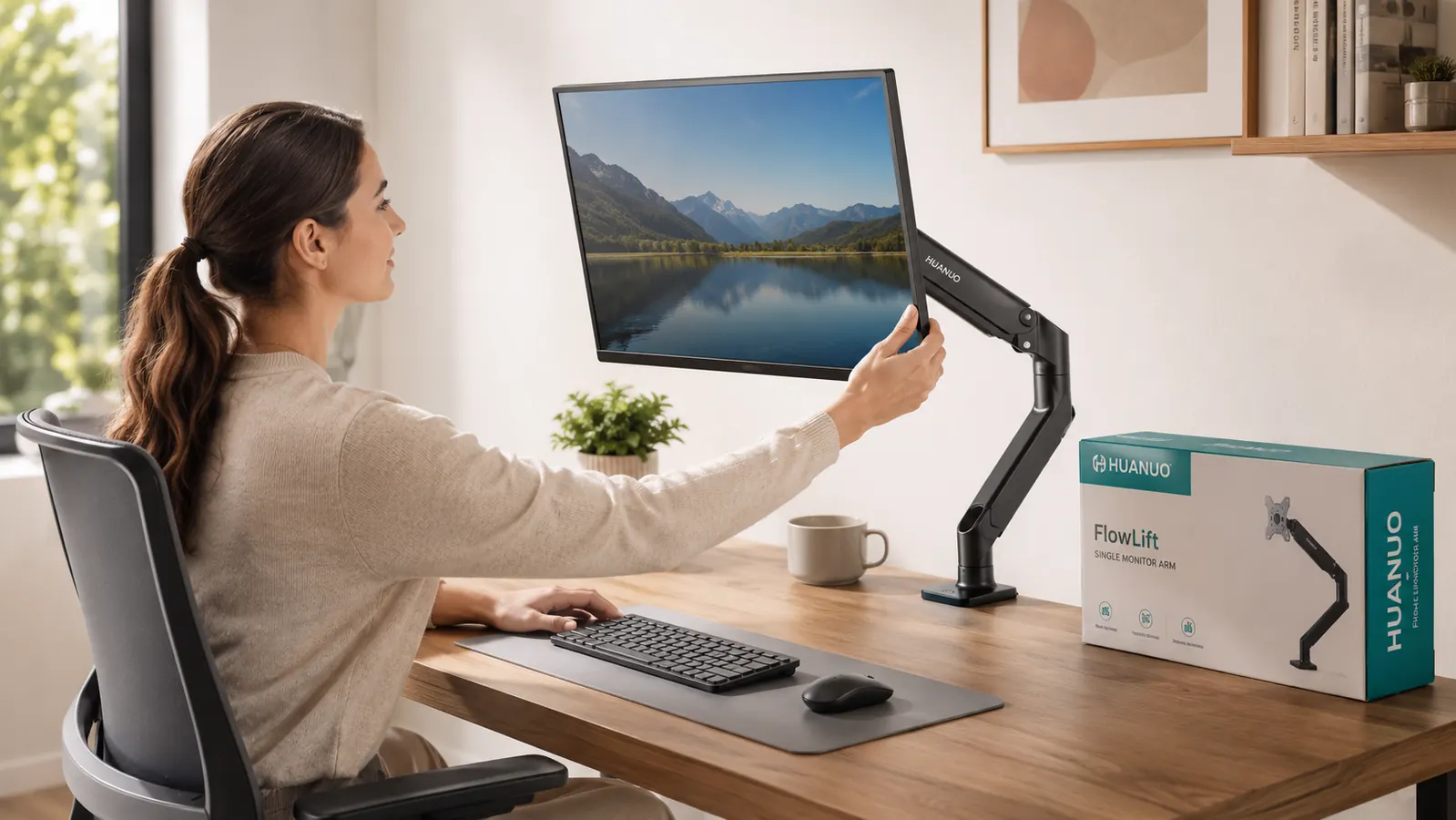 Remote worker adjusting monitor height on a HUANUO arm to align with eye level at their home office desk