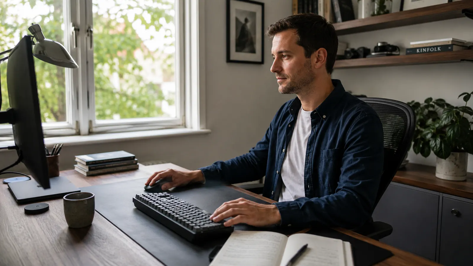 Remote worker at a clean desk with leather pad, notebook, and keyboard neatly arranged
