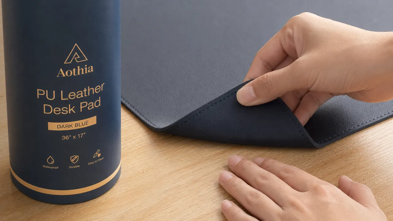 Hand pressing down on the corner of an Aothia desk pad to show how the non-slip base grips a wooden desk surface