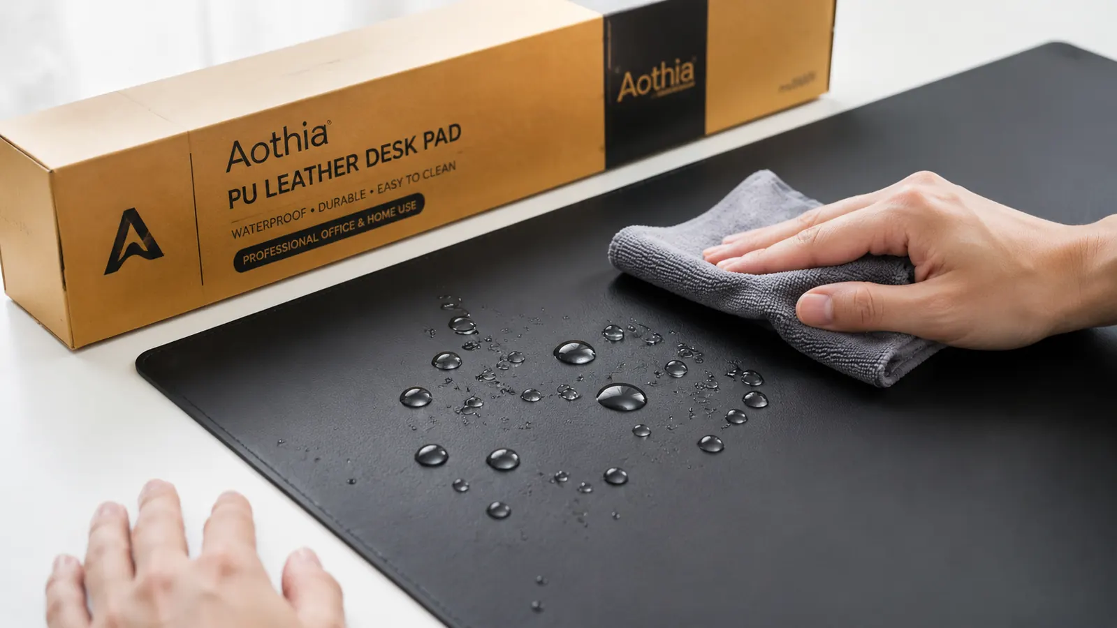 Aothia desk pad with water droplets beading on the surface demonstrating waterproofing