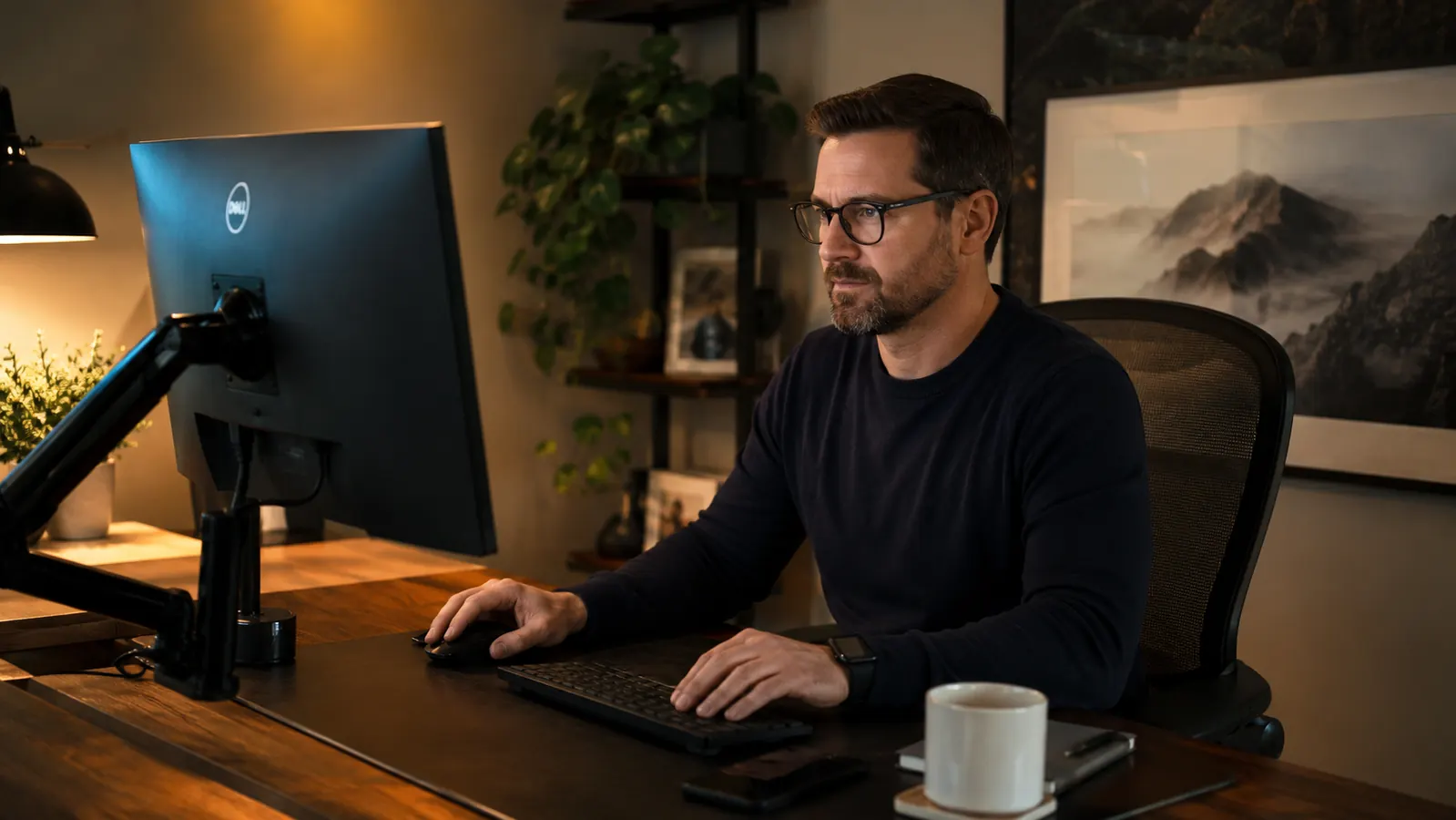 Remote worker at a full home office desk setup with the Aothia desk pad anchoring the workspace