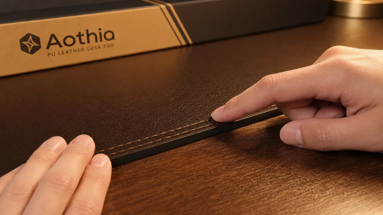 Close-up of a hand running a finger along the stitched edge of a dark brown desk pad, showing neat double stitching detail