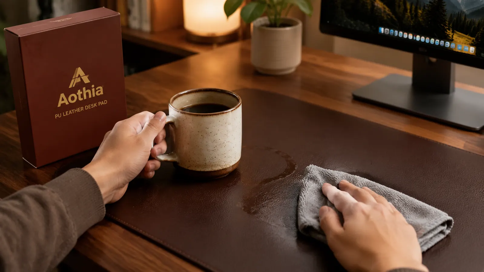 Coffee mug sitting on a desk pad surface showing a faint ring stain that wiped away cleanly with a cloth beside it