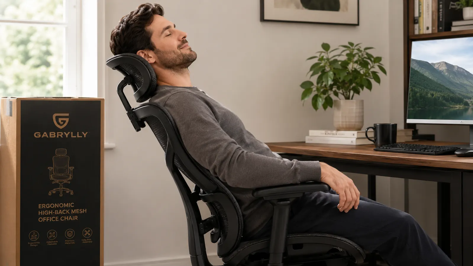 Remote worker reclining comfortably in a high-back mesh ergonomic office chair during a break, hands behind head, relaxed posture at a home desk