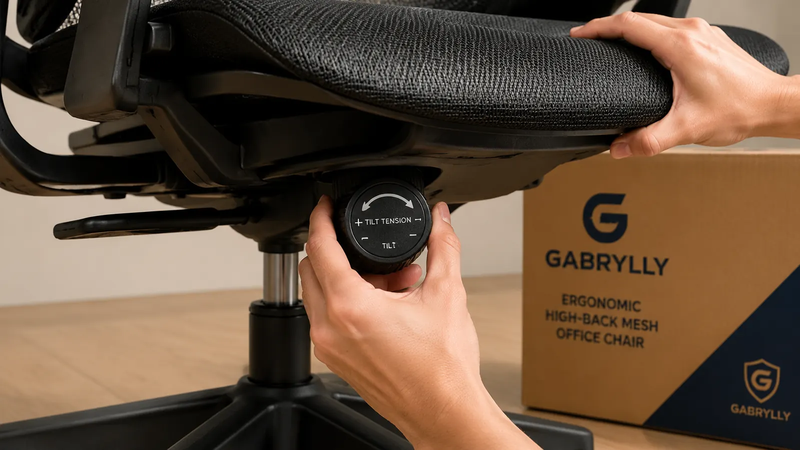 Hand adjusting the tilt tension knob underneath the GABRYLLY chair seat pan