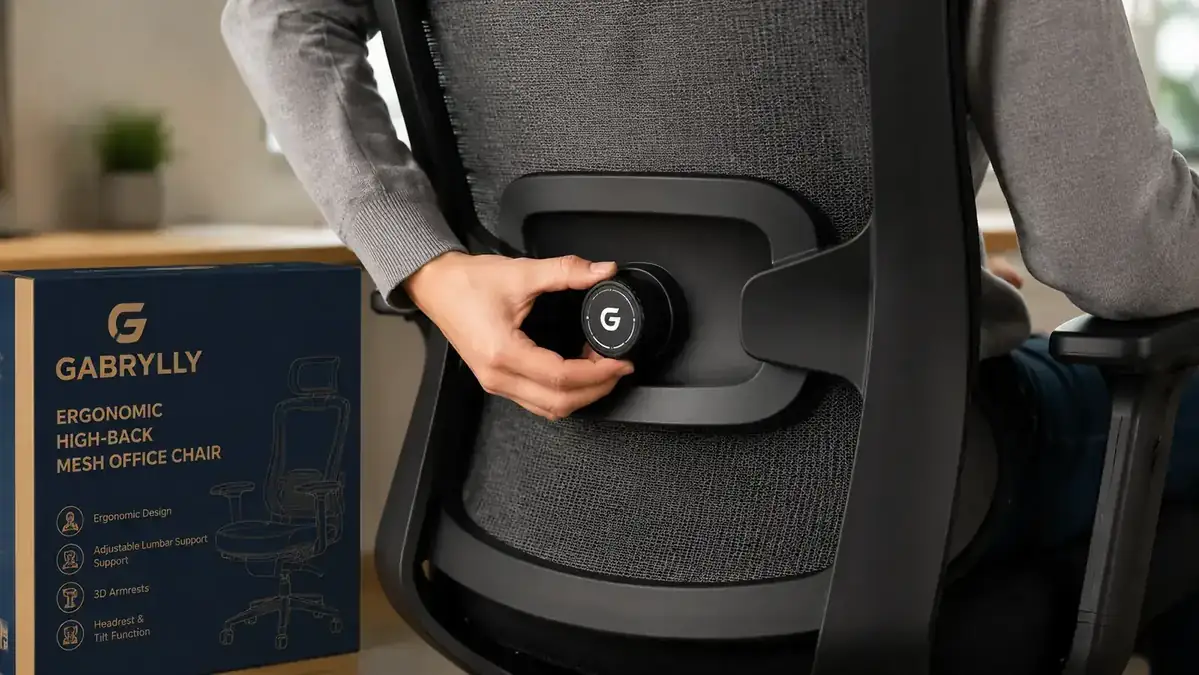 Close-up of a hand adjusting the lumbar support knob on the GABRYLLY chair