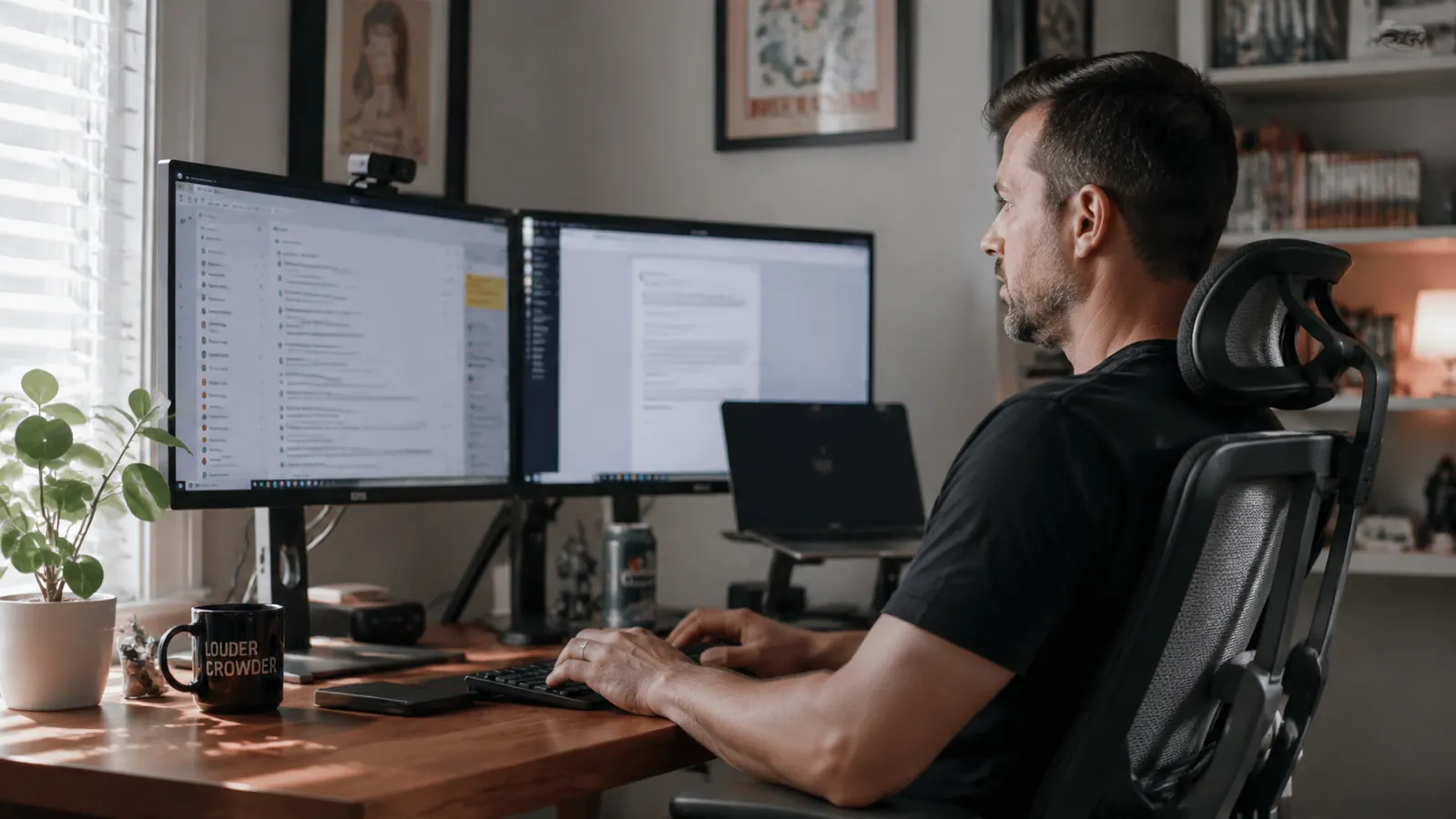 Person sitting properly in an ergonomic mesh chair at a standing desk with monitors at eye level