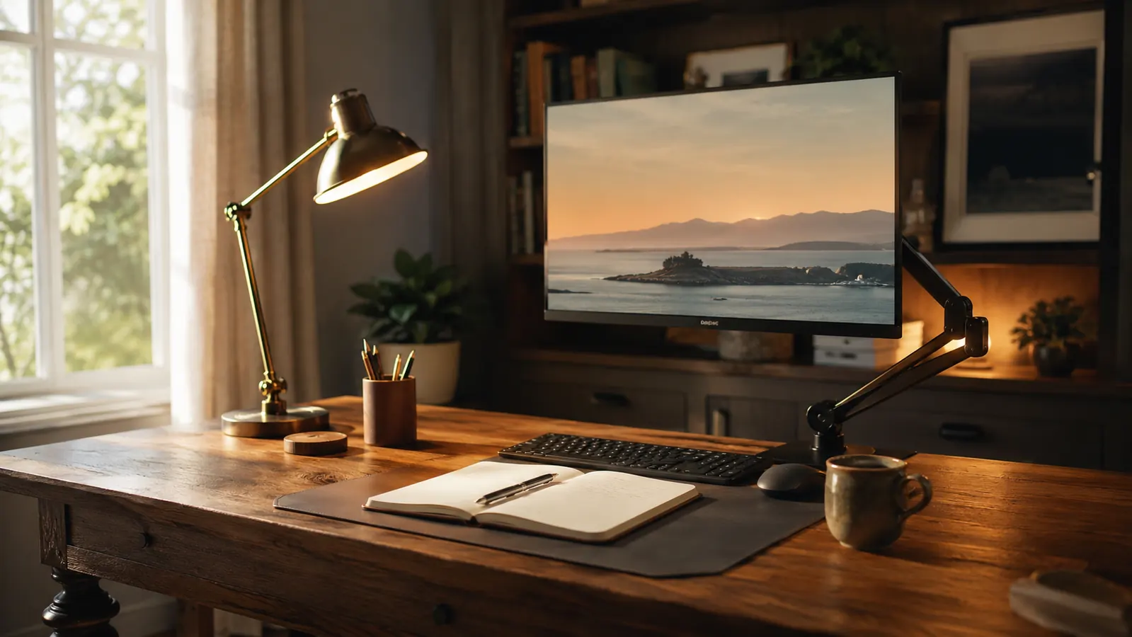A practical home workstation in warm morning light, calm and grown-up