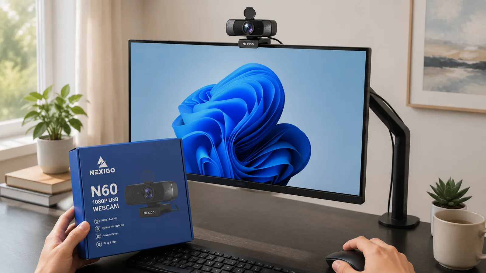 NexiGo N60 1080p webcam clipped to the top of a monitor, privacy cover open, cable routed neatly along the monitor stand