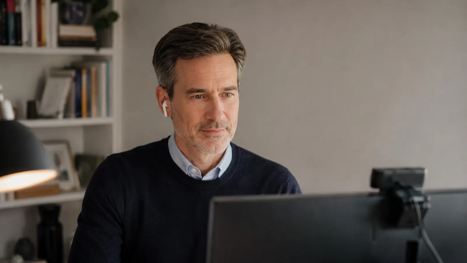 Home office corner with a ring light positioned behind a monitor and a neutral beige wall serving as the video call background