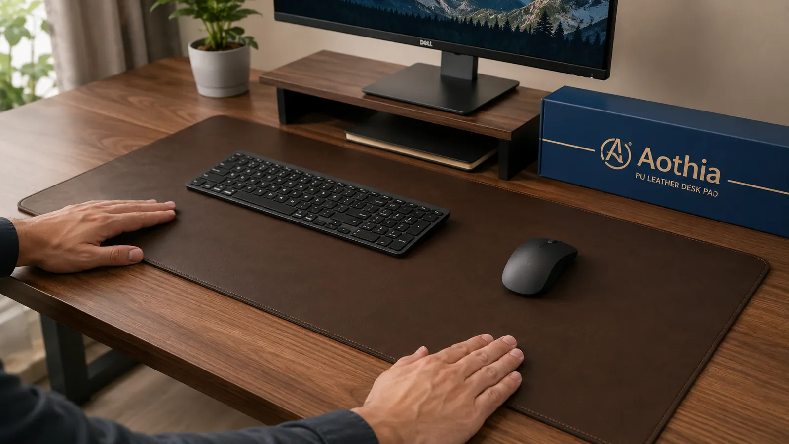 Aothia leather desk pad laid flat on a wooden desk with monitor, keyboard, and mouse arranged on top