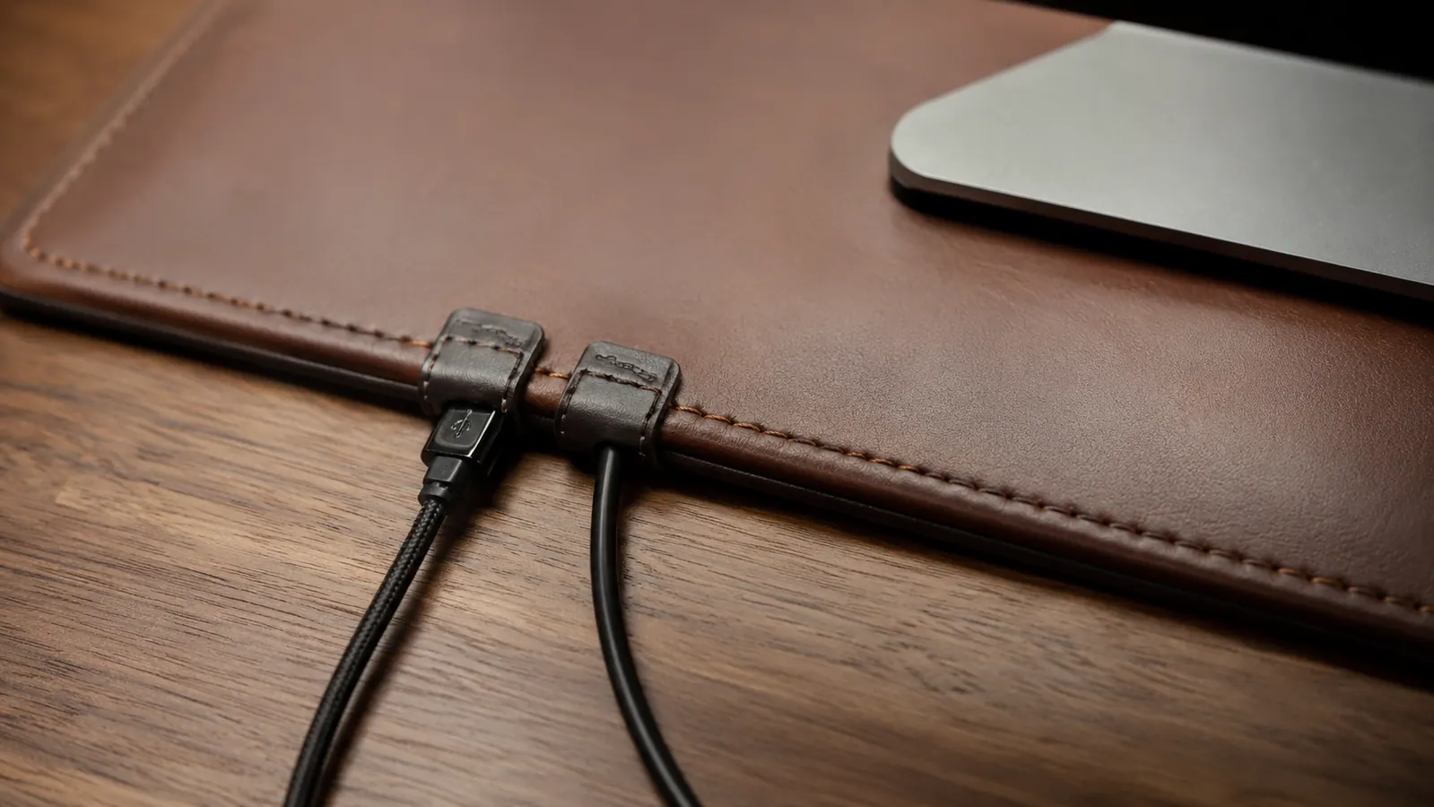 Tidy home office desk showing cable management clips along the back edge of a desk pad