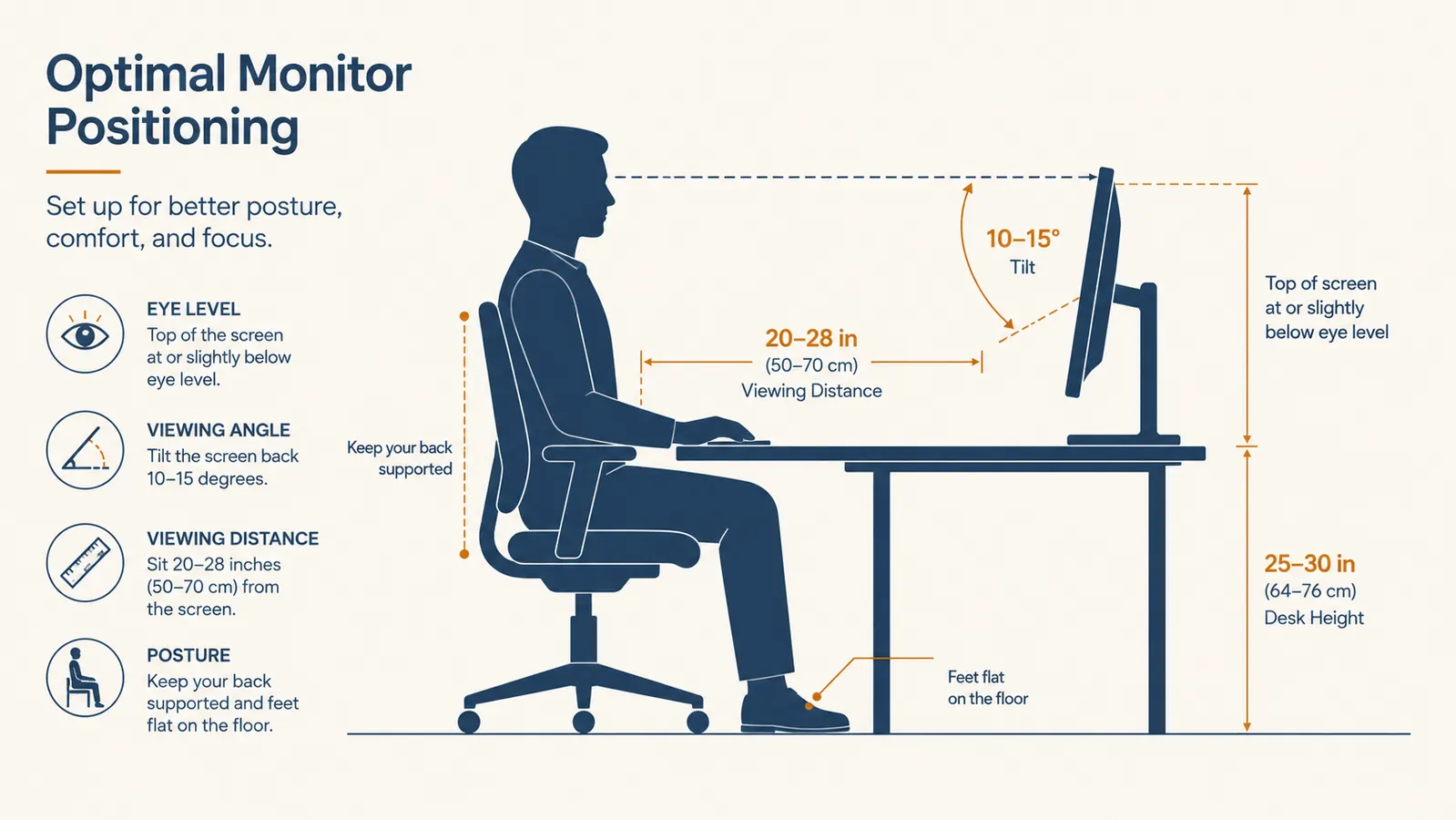 Diagram showing correct monitor height: top of screen aligned with seated eye level, monitor tilted back 10 to 20 degrees