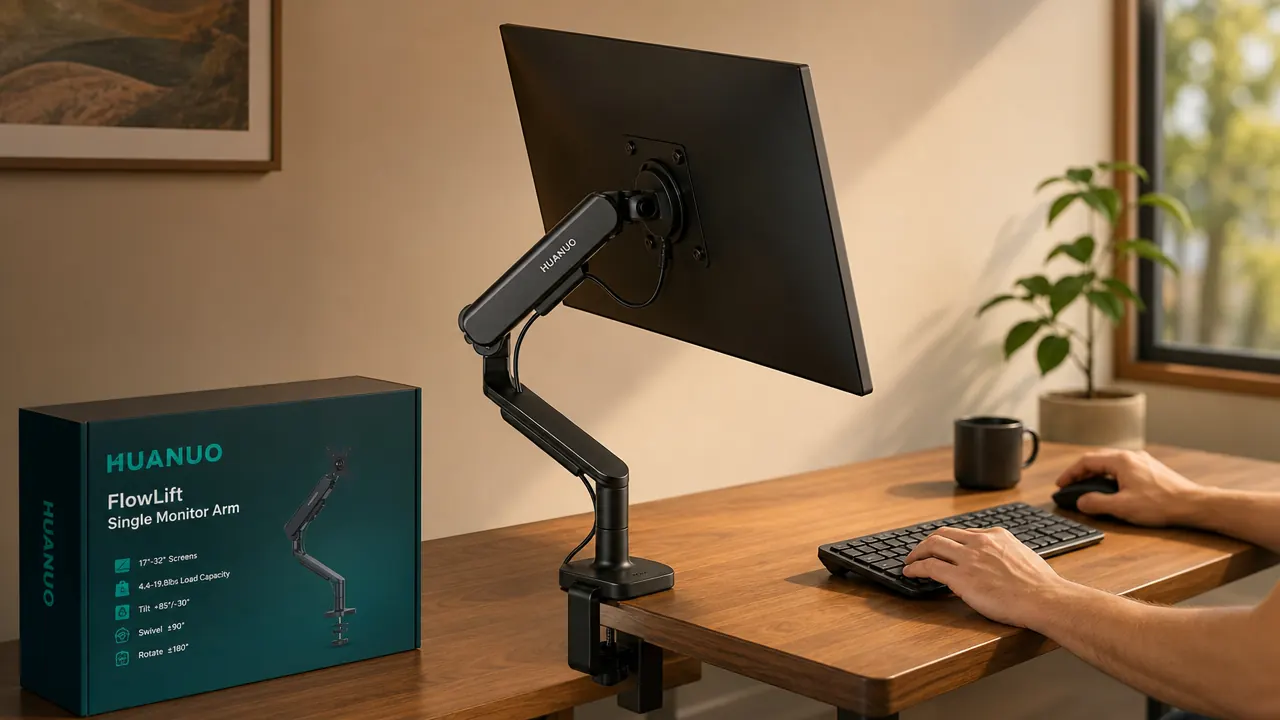 HUANUO monitor arm mounted on a desk with a 27-inch monitor raised to seated eye level, cables routed through arm channel