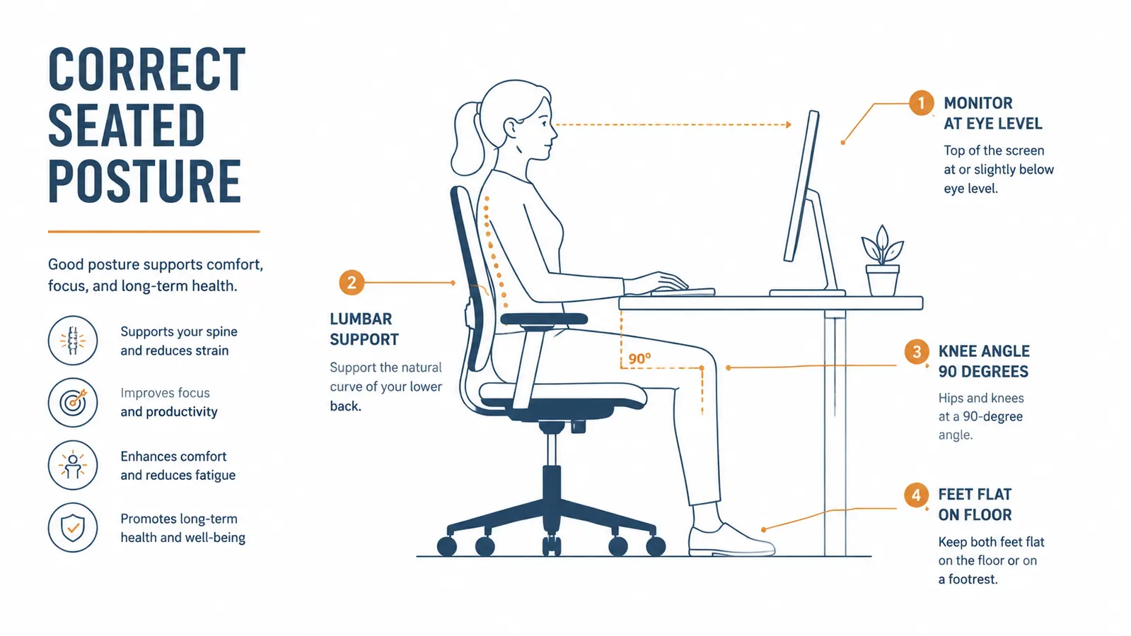 Diagram showing correct seated posture: 90-degree knee angle, feet flat, lumbar curve supported, monitor at eye level