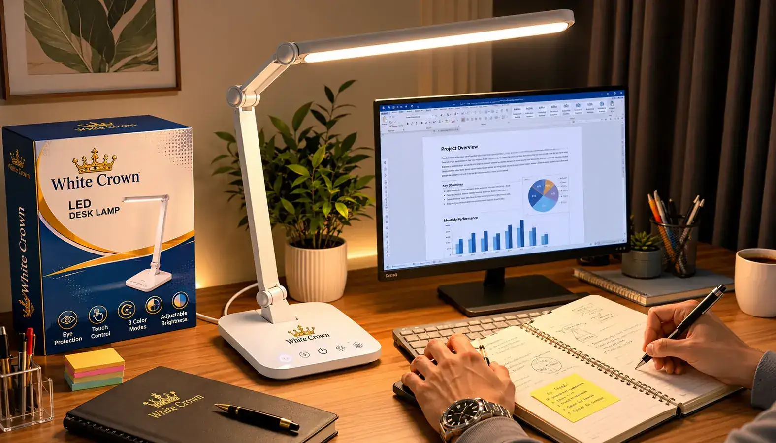 Home office desk with curtains drawn and White Crown desk lamp as the primary light source, warm ambient glow