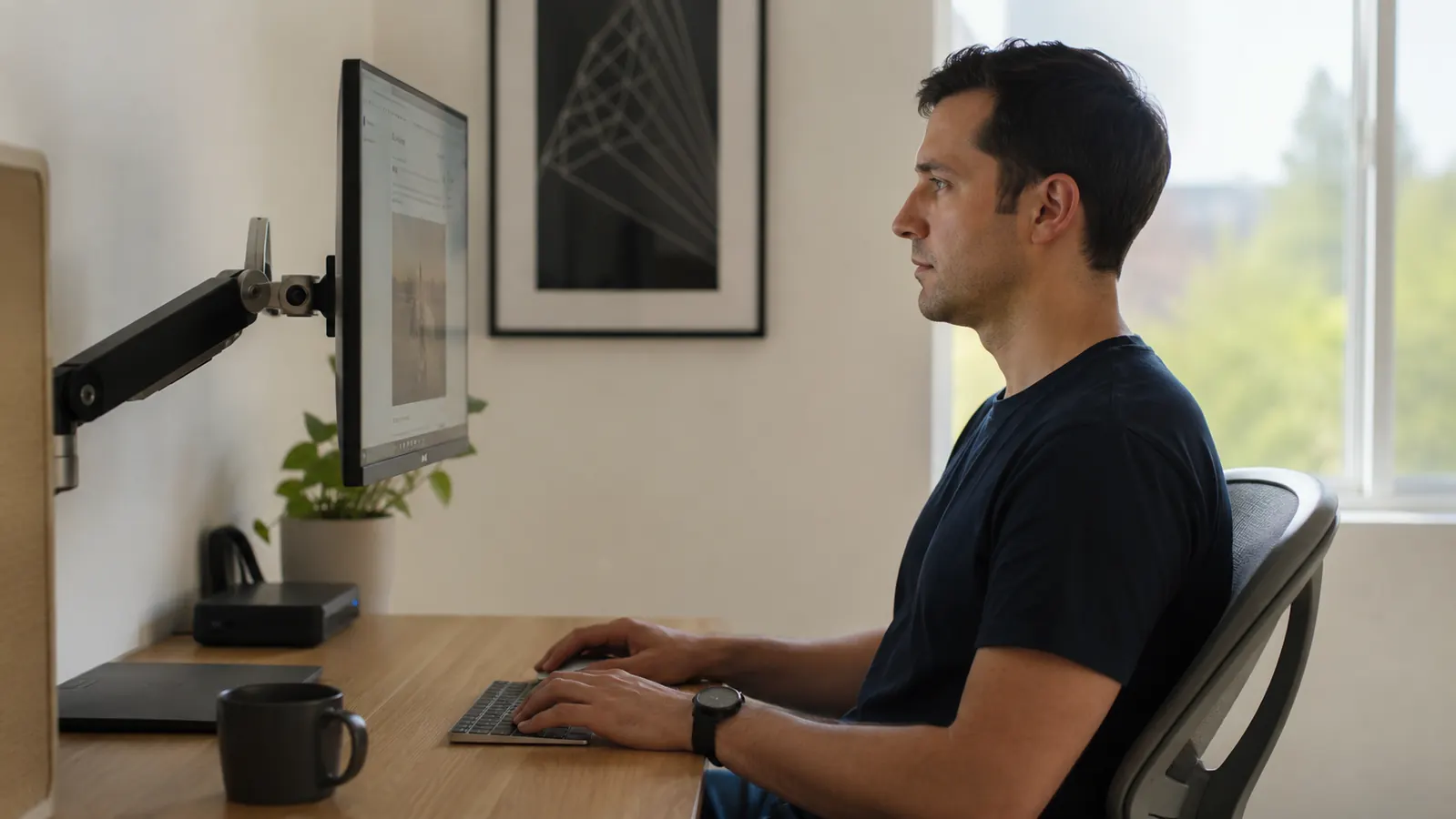 Person sitting at a home office desk looking straight ahead at a monitor at eye level, relaxed posture, no neck tilt