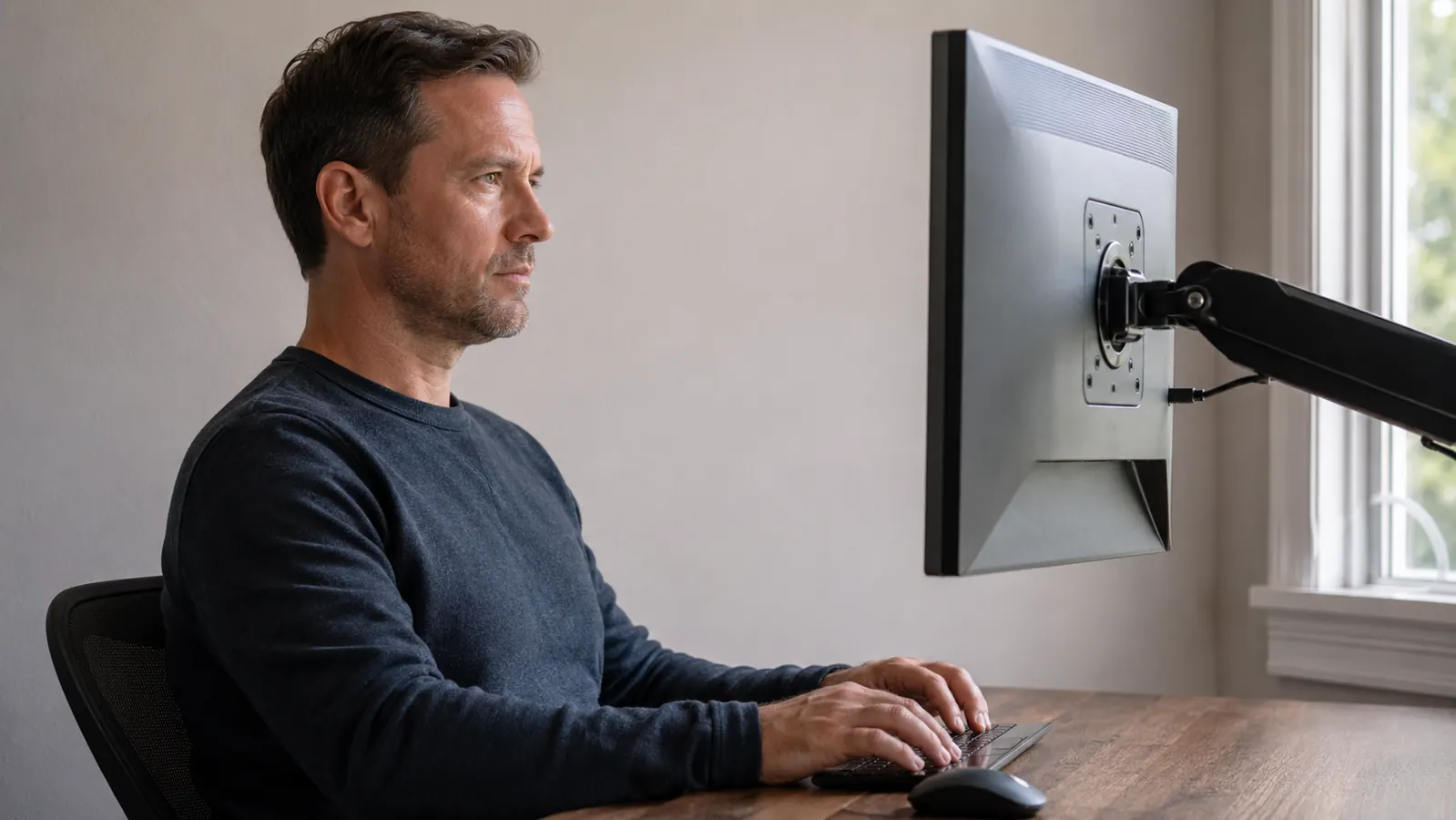 Remote worker sitting at a properly positioned desk, monitor at eye level, relaxed posture, looking at the screen
