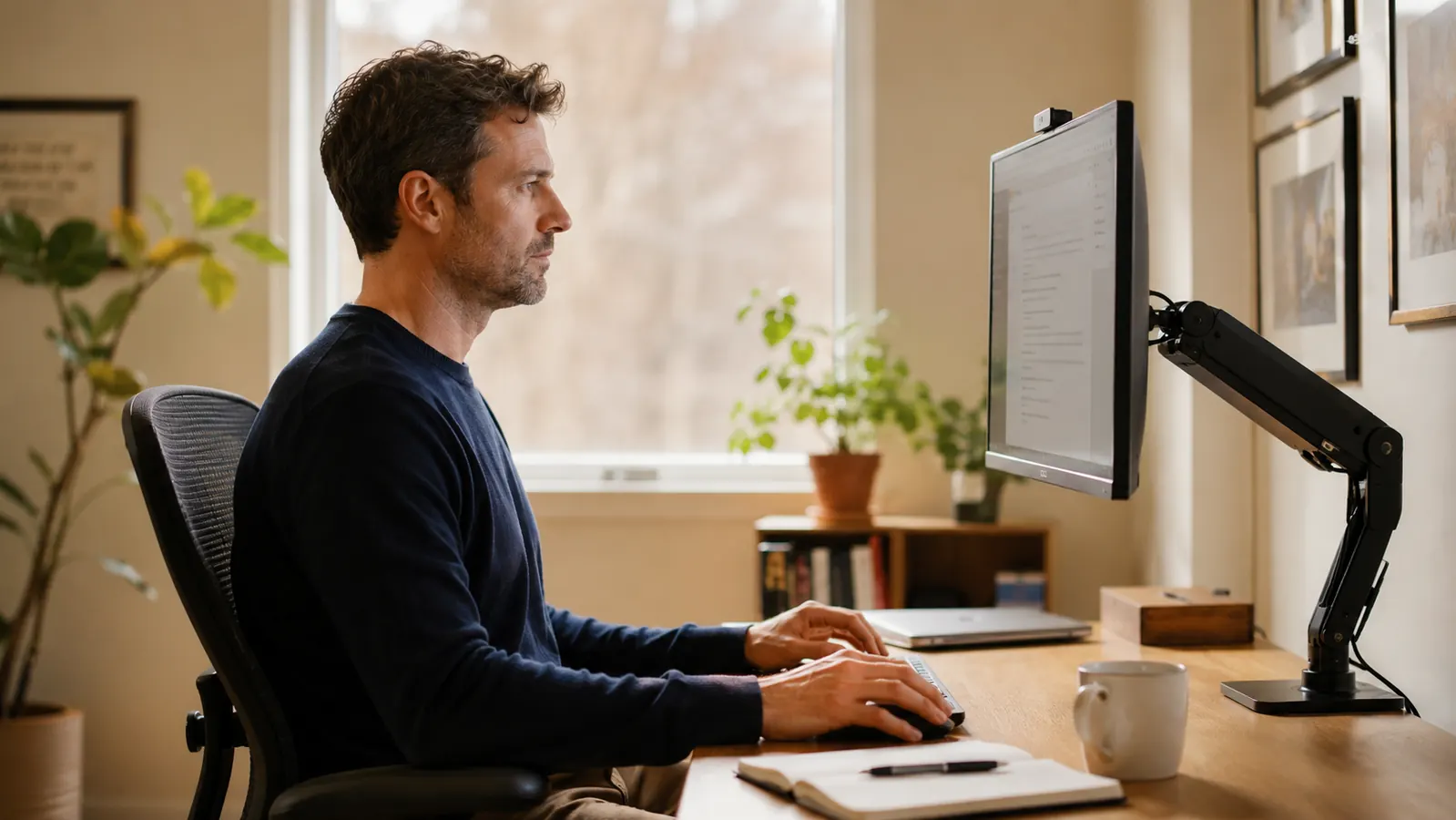 Monitor at perfect eye level on a HUANUO arm, reducing neck strain for a remote worker