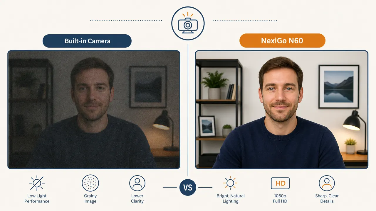 Side-by-side comparison showing grainy dark laptop camera image versus clear bright NexiGo N60 image on the same call