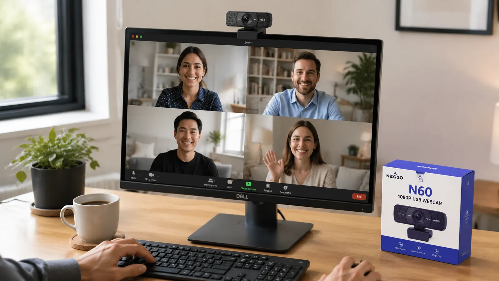 NexiGo N60 webcam clipped to a monitor during a video call on a laptop screen