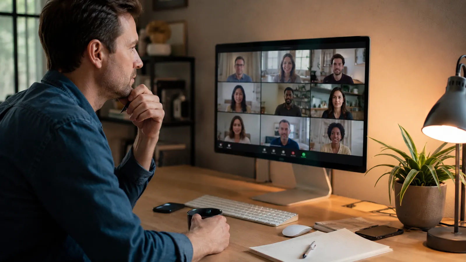 Person at a home office desk looking professional on a video call displayed on a monitor, warm desk lamp providing fill light