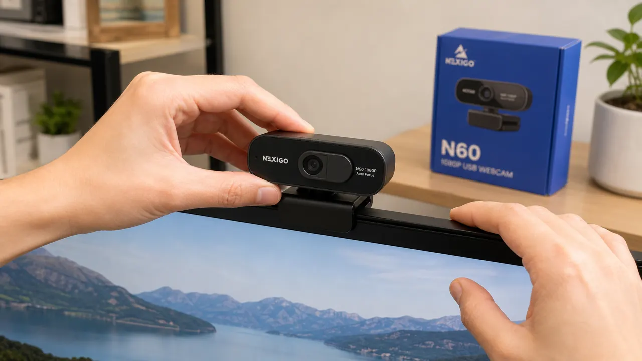 Hand positioning the NexiGo N60 onto a monitor clip with the privacy cover open