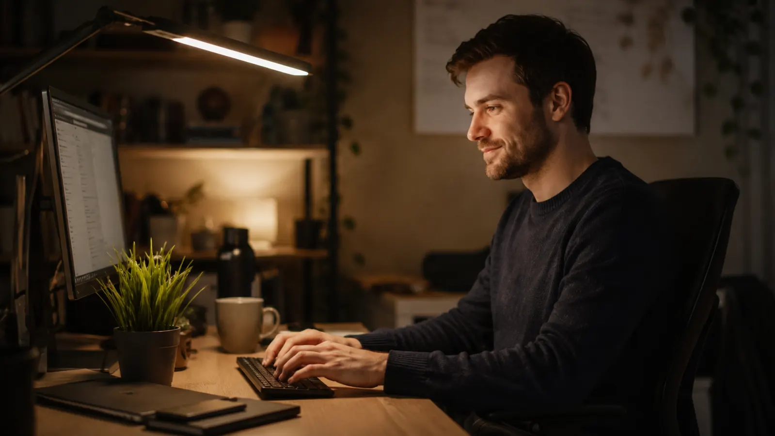 A remote worker sitting comfortably at a well-lit home office desk in the evening, relaxed posture, no squinting