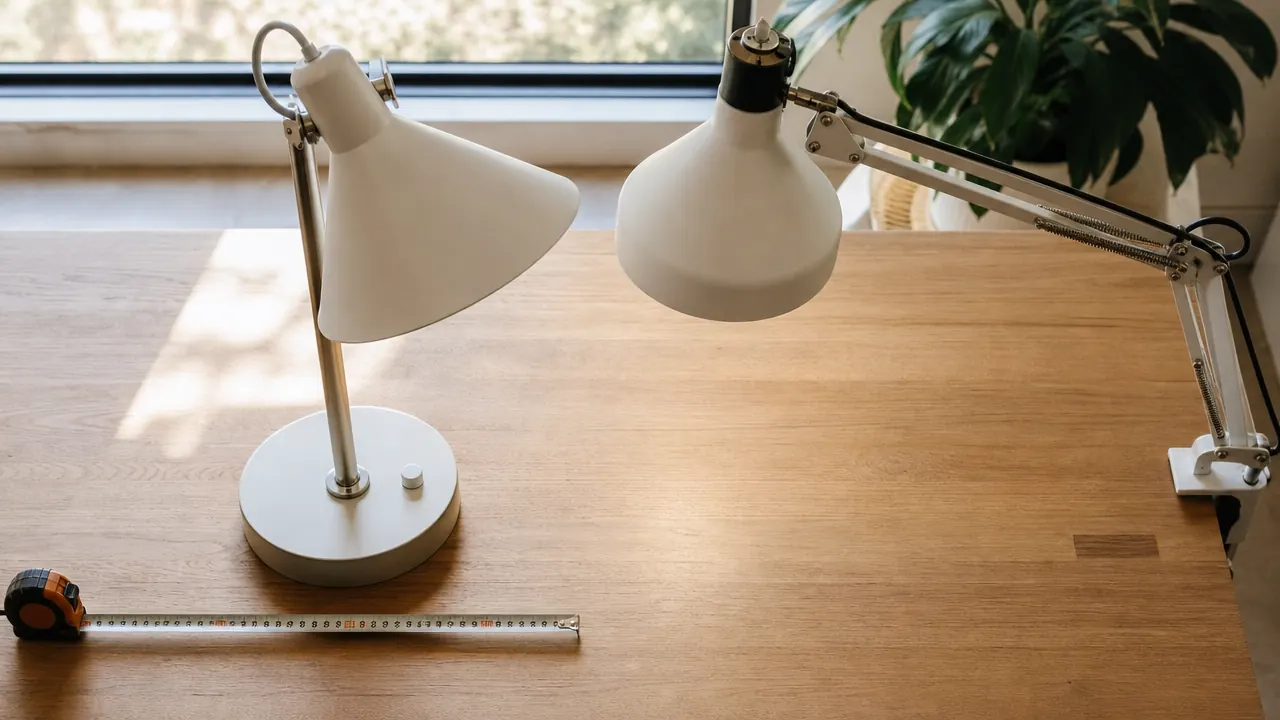 Side-by-side view of two desk lamps on a work surface, one with a clamp mount and one freestanding, showing how much desk space each occupies