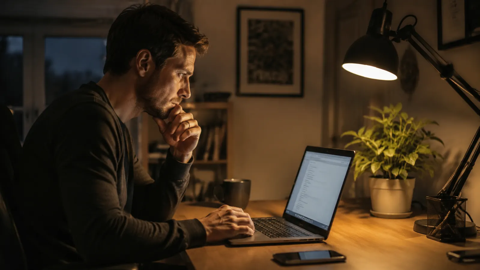 Remote worker at a home office desk at dusk using the warm mode of a desk lamp while working on a laptop