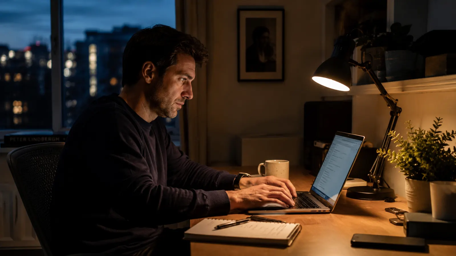 Remote worker at a home office desk in the evening using a desk lamp for focused work